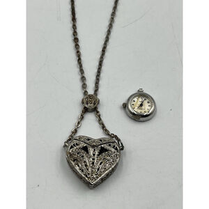 Vintage Marcasite Heart Shape Love Locket Pendent on Antique 30 in Chain SEE ALL